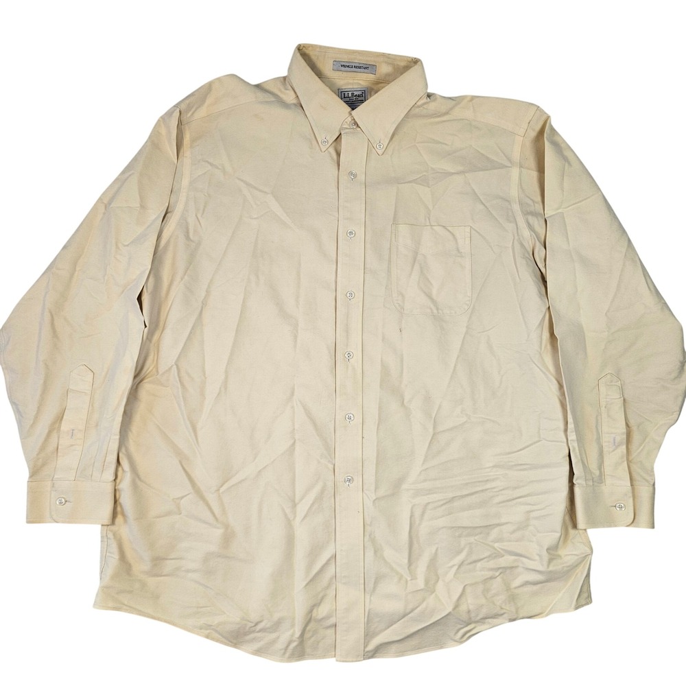 LL Bean Mens 17.5 34 Yellow Wrinkle Resistant Cotton Oxford Button Down Shirt